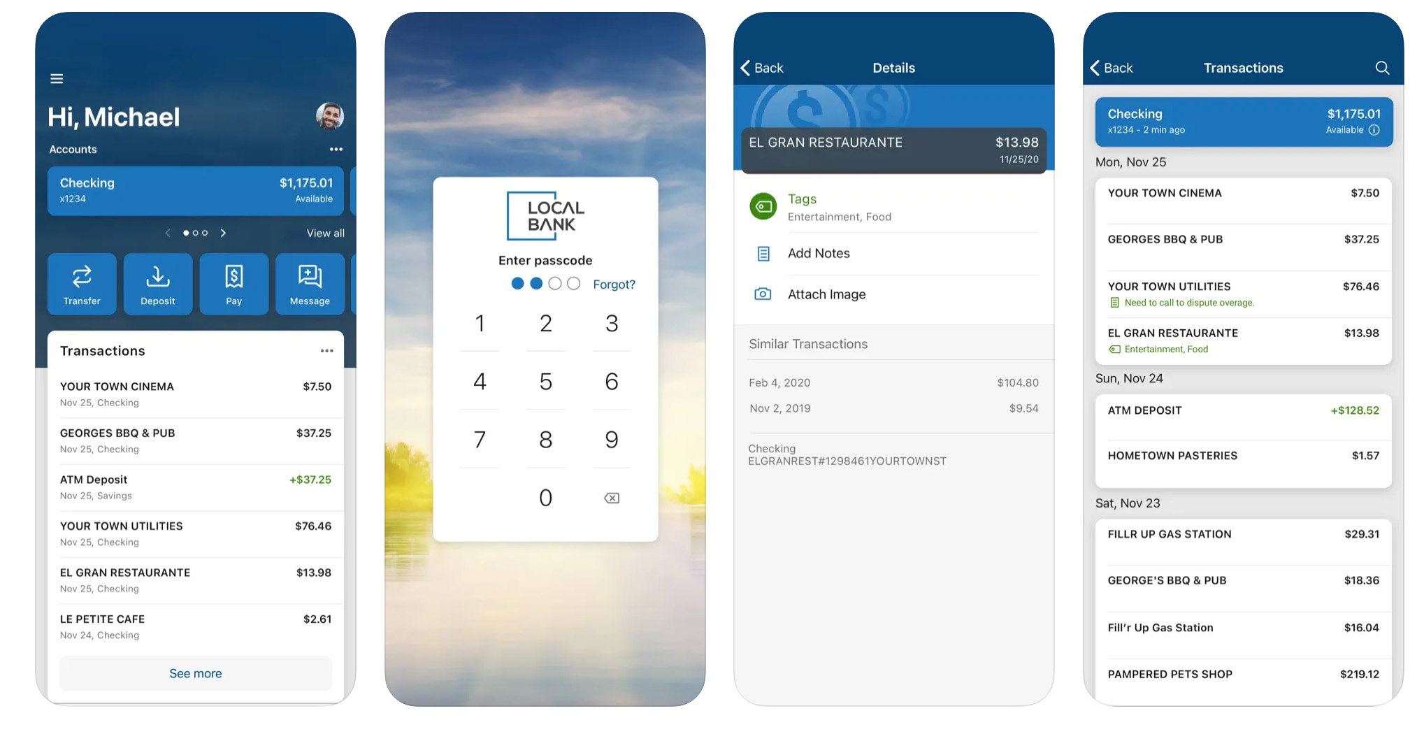 Local Bank app screens showing accounts, passcode sign-in, transaction details, and transaction history
